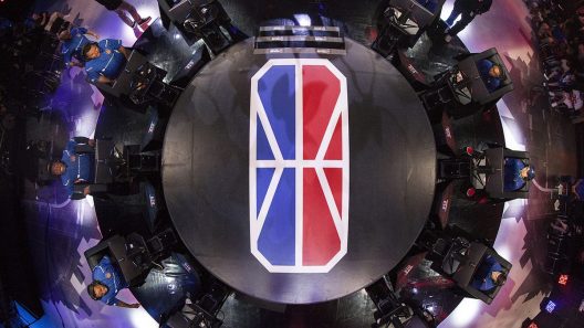 Aerial view of Knicks Gaming facing off against 76ers Gaming at the NBA 2K Studio in Long Island City, New York