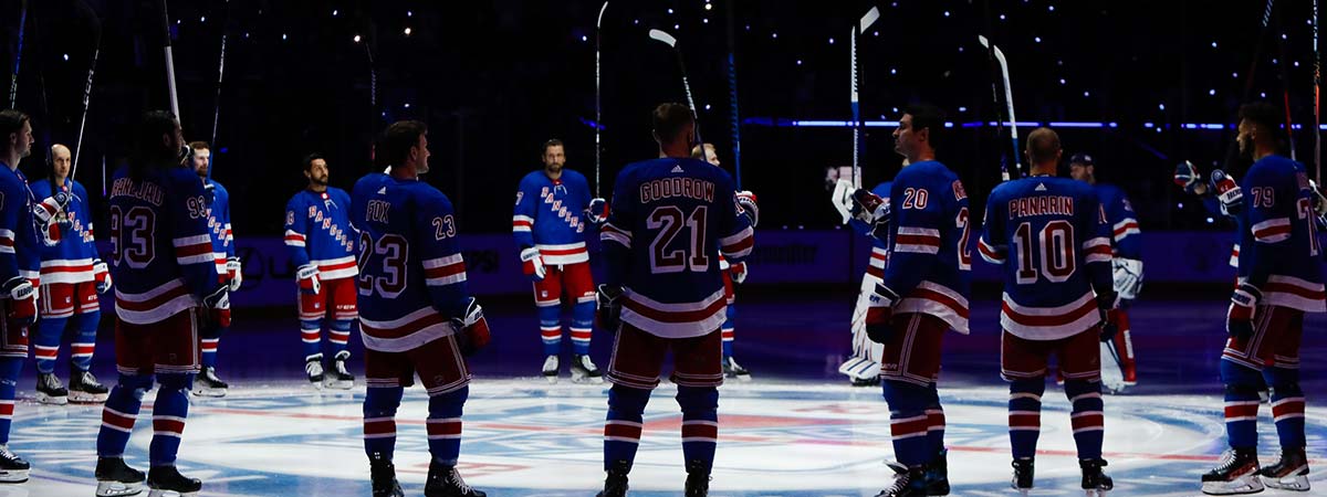 New York Rangers hockey players Goodrow, Panarin, Fox and Zibanejad ahead of game start