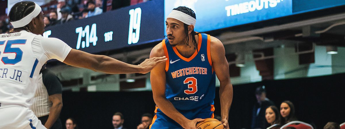 Westchester Knicks player Jacob Toppin squares up in NBA G League game